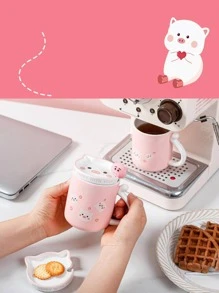 3 cái/1 bộ cốc đồ họa hoạt hình có nắp và thìa, cốc sứ dễ thương và sáng tạo, quà tặng - Nhiều màu - Xem 7