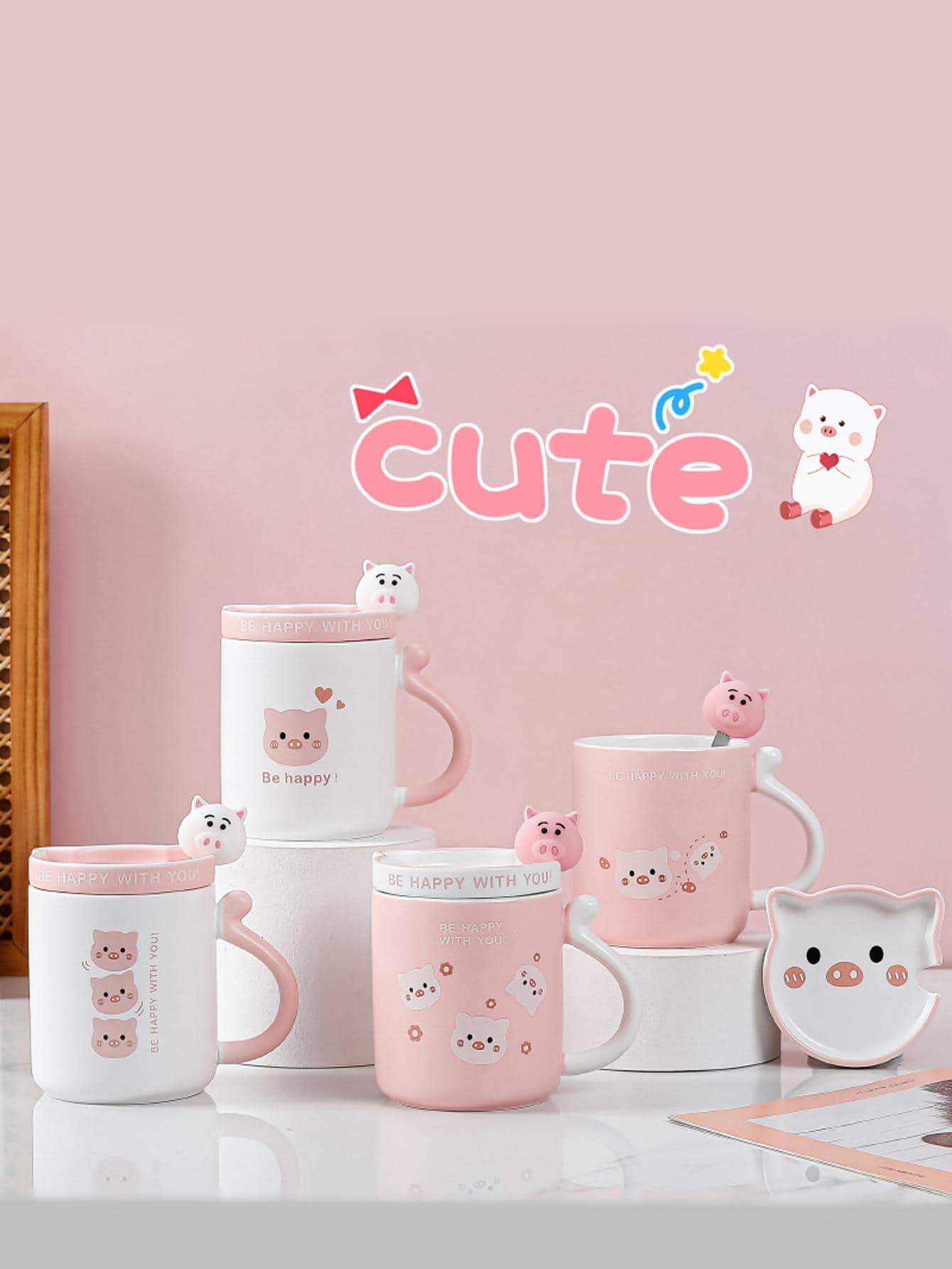 3 cái/1 bộ cốc đồ họa hoạt hình có nắp và thìa, cốc sứ dễ thương và sáng tạo, quà tặng - Nhiều màu - Xem 1