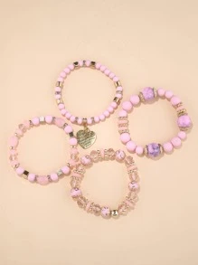 4入组/套隨機時尚合成樹脂愛心掛飾串珠手鏈適合女士日常裝飾 - 彩色 - 查看 3