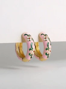 1pair Vintage Floral Detail Hoop Earrings For Women For Daily Decoration - Pink - View 2