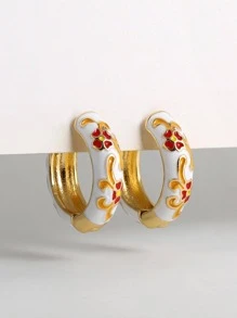 1 Đôi Khuyên Tai Vòng Họa Tiết Hoa Cổ Điển Cho Nữ Để Trang Trí Hàng Ngày - Đỏ và trắng - Xem 2