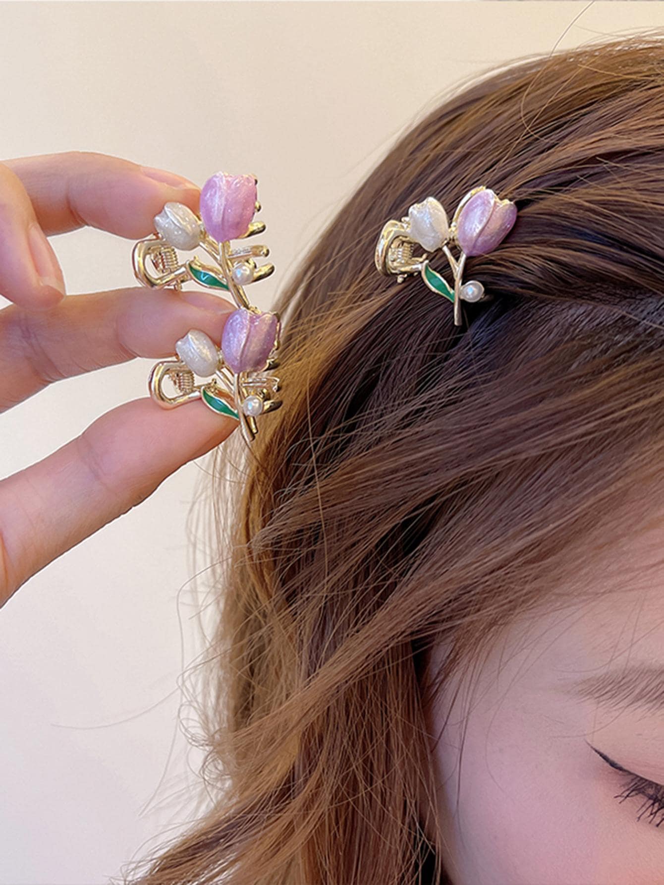 2pcs Women Flower & Faux Pearl Decor Elegant Hair Claw, For Gift Cute Valentine's Day Valentines Claw Clips Hair Clips Hair Jaw Clip Hair Clamps Hair Clutch Hair Catcher Clip, School Stuff, College, Pearl Hair Accessories Fall Winter For Vacation Outfits Woman - Purple - View 1