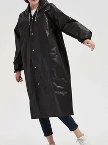 1pc Plain Drawstring Hooded Raincoat - Black - View 4