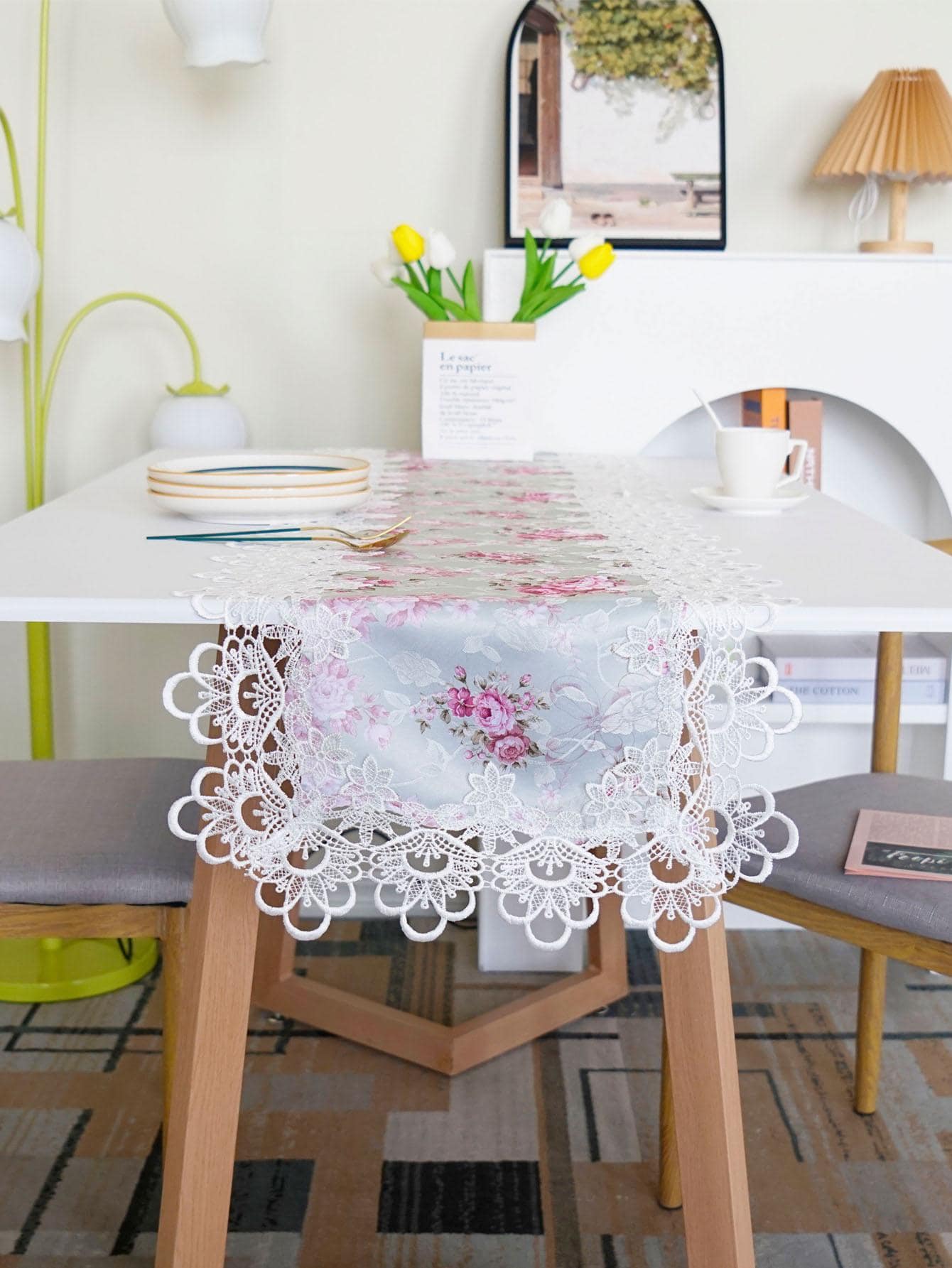 1 pieza Camino de mesa con bordado de flor - Blanco - Ver 1