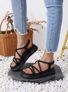 Xăng đan màu đen dành cho nữ đi nghỉ, Xăng đan quai ngang đế bằng Criss Cross - màu đen - Xem 3
