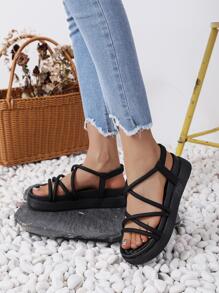 Xăng đan màu đen dành cho nữ đi nghỉ, Xăng đan quai ngang đế bằng Criss Cross - màu đen - Xem 4