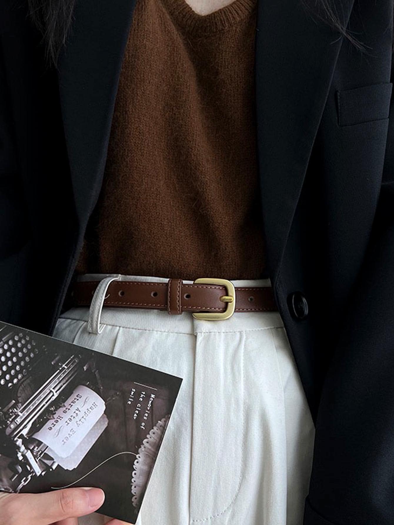 caivektine Square Buckle Belt - Coffee Brown - View 1