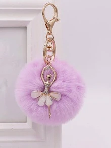 Rhinestone Dancer & Pom Pom Charm Keychain - Màu tím hoa cà - Xem 3