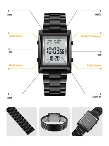 Skmei 1 pieza Reloj digital negro de acero inoxidable con tira negocio calendarios alarma impermeable cuadrado esfera, para vida diaria