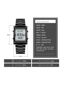 Skmei 1 pieza Reloj digital negro de acero inoxidable con tira negocio calendarios alarma impermeable cuadrado esfera, para vida diaria