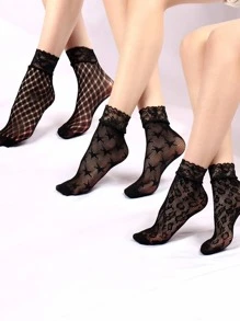 3双女士镂空星星印花时尚中筒袜，适合日常生活