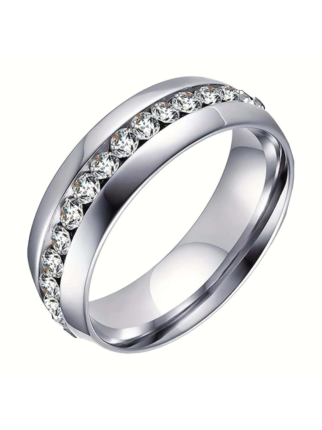 1pc Fashionable Stainless Steel Cubic Zirconia Decor Ring For Men Women For Daily Decoration - Silver - View 1