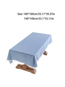 1 khăn trải bàn trang trí họa tiết kẻ sọc tua rua - Màu xanh lam - Xem 2