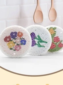3pcs/set Polyester Sponge, Modern Flower Pattern Round Shaped Scouring Pad For Kitchen - Multicolor - View 4