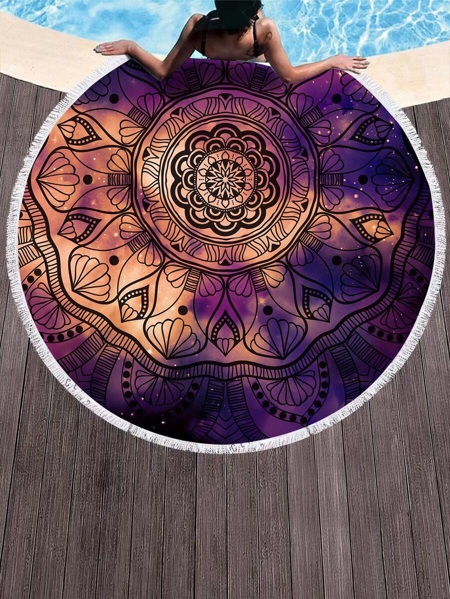 1入組曼陀羅印花流蘇邊圓形沙灘巾現代織物旅行沙灘巾適合游泳、潛水 - 咖啡棕 - 查看 1