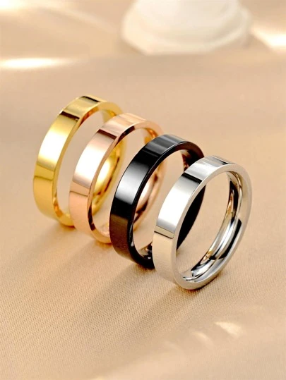 4pcs Simple Stainless Steel Plain Band Rings Jewelry Set For Women, Fashion Accessories, Ins Style Couple Rings