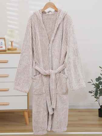 1pc Soft Coral Fleece Hooded Bathrobe, Plush Absorbent Loungewear Robe Back To School