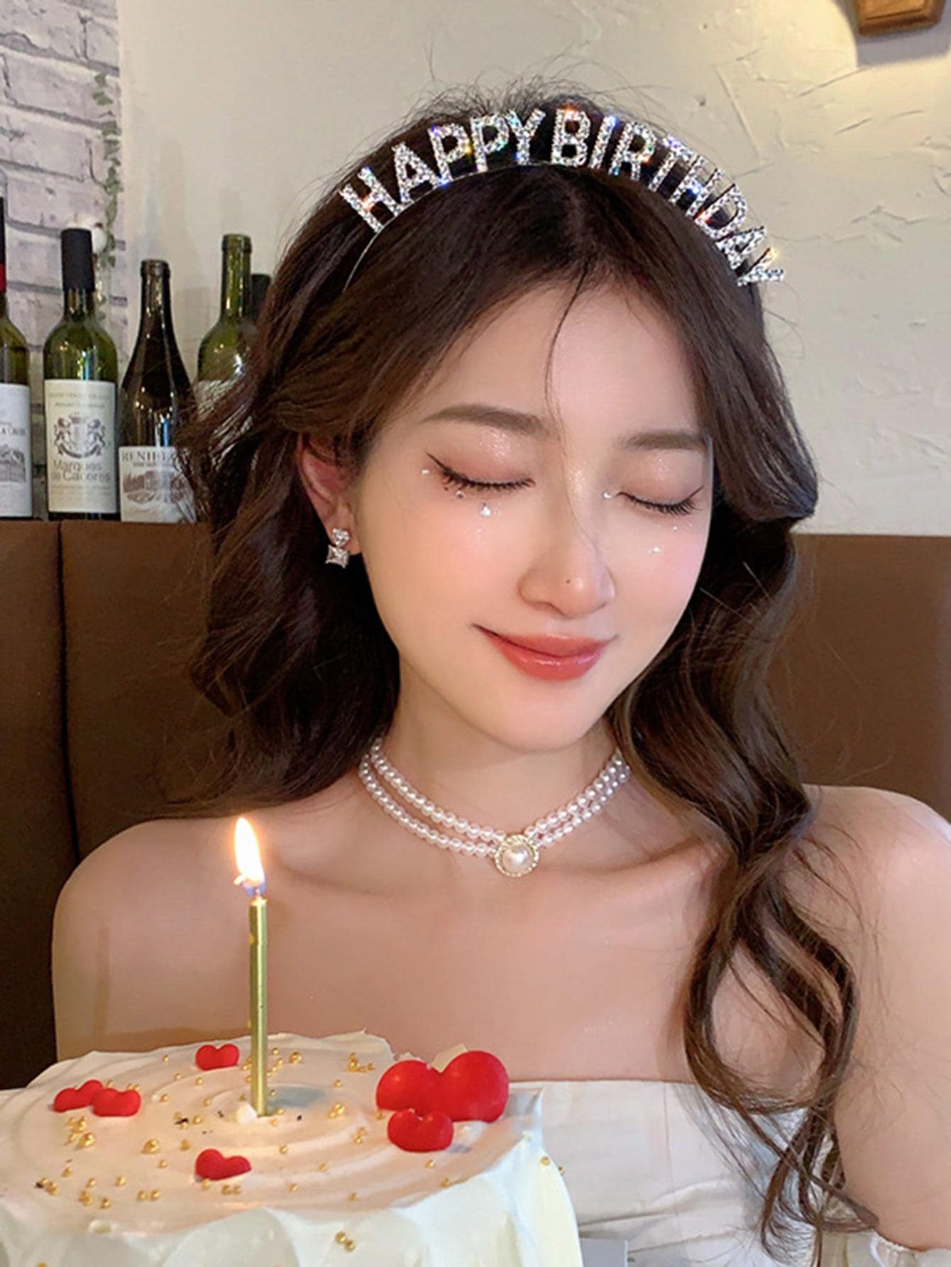 1pc Women Rhinestone Letter Decor Glamorous Headband For Birthday Party Hair Band Hair Hoop - Silver - View 1