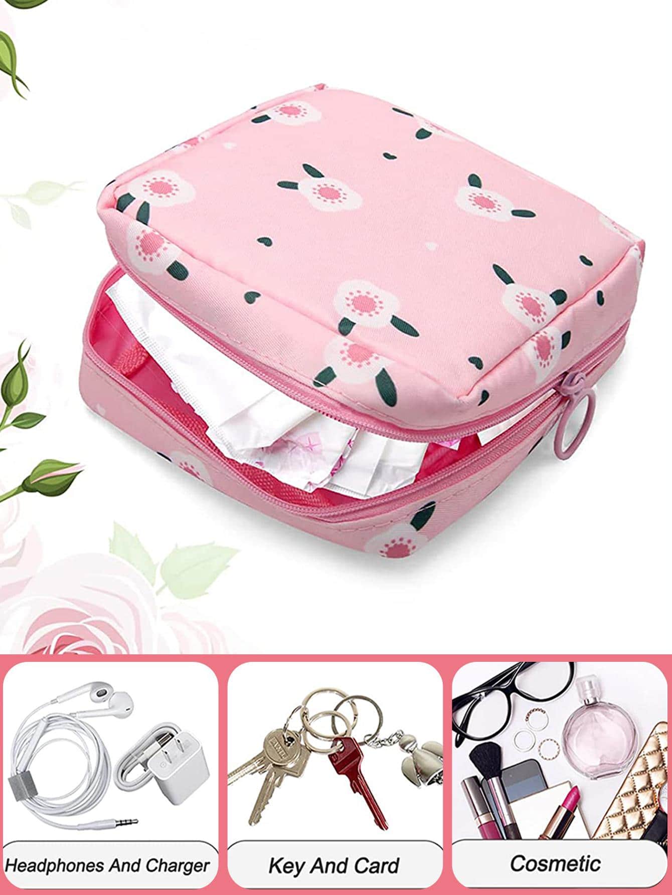 女性收纳袋卫生巾袋迷你化妆包女士化妆包旅行耳机大容量防水女生卡通生理期卫生棉条收纳袋卫生巾旅行收纳小行李箱配件家居巡航必需品旅行包迷你便携式旅行收纳袋便携式假日收纳袋 - 粉色 - 查看 1