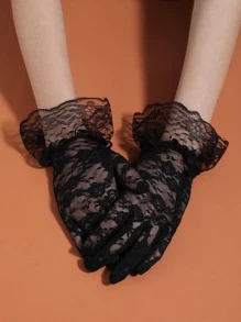 Floral Pattern Ruffle Trim Gloves - Black - View 1