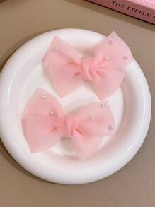 2pcs Girls' Multi-Color Faux Pearl Decor Bow Hair Clips - Pink - View 2