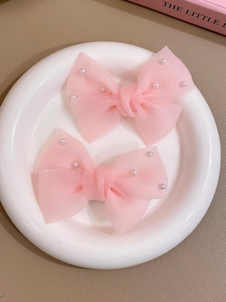 2pcs Girls' Multi-Color Faux Pearl Decor Bow Hair Clips - Pink - View 2