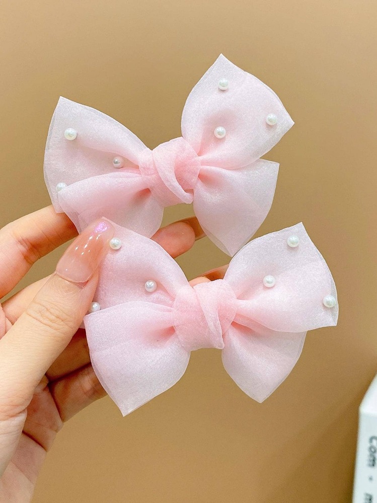 2pcs Girls' Multi-Color Faux Pearl Decor Bow Hair Clips - Pink - View 4