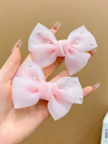 2pcs Girls' Multi-Color Faux Pearl Decor Bow Hair Clips - Pink - View 8