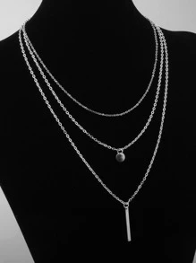 1pc Fashionable Rectangle & Round Charm Layered Necklace For Women For Party - Silver - View 1