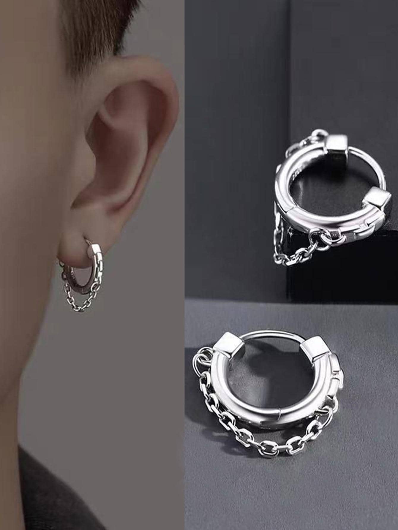 男士鏈條裝飾耳環,適用於首飾類禮品和派對 - 銀色 - 查看 1