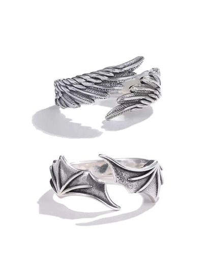 2 piezas/set Anillo abierto vintage aleación de zinc con diseño de ala 3D para mujeres para vida diaria