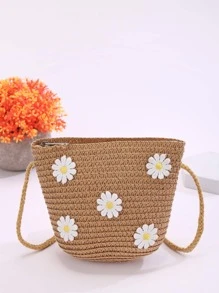 Mini Straw Bag Flower Decor Vacation With Zipper