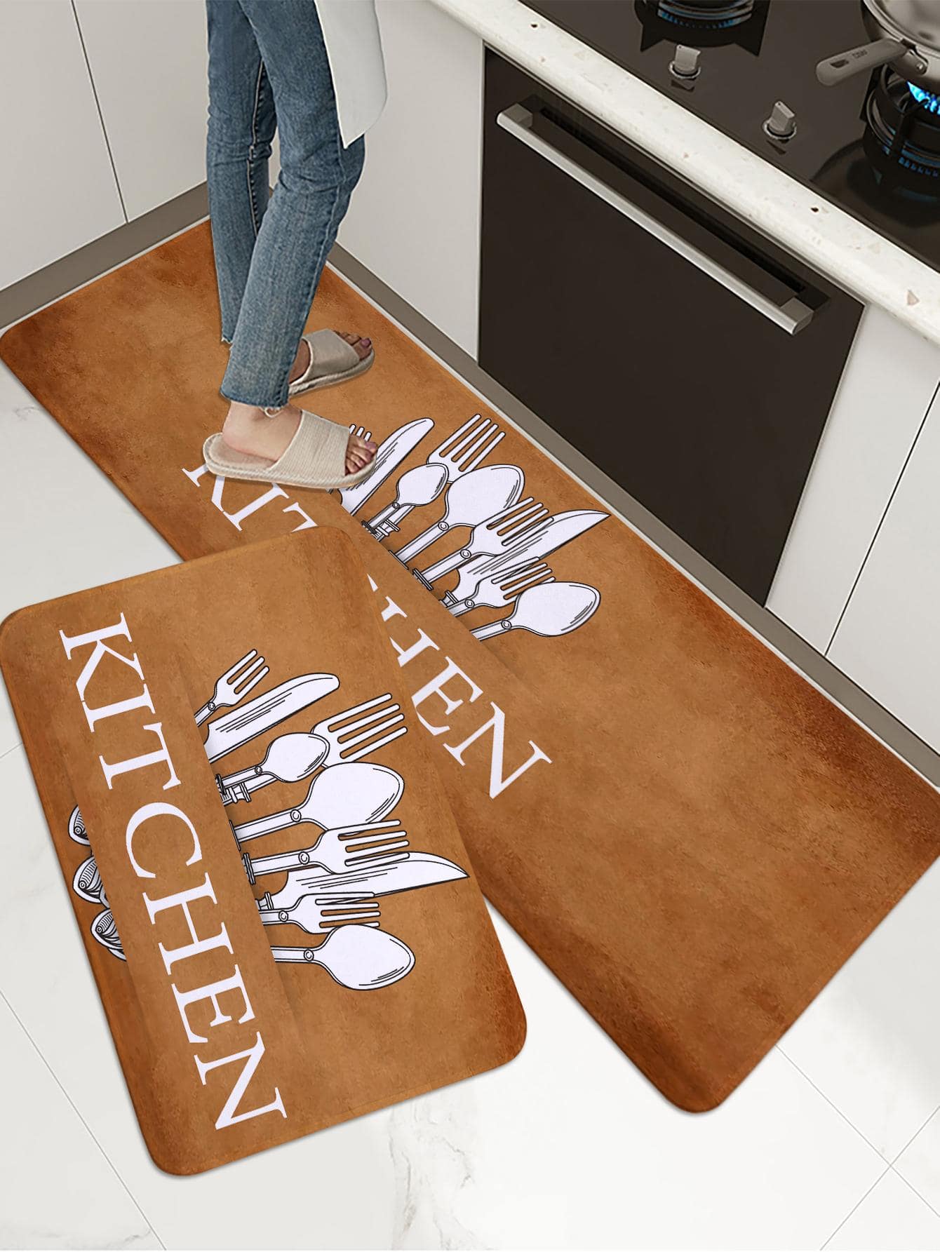 1入組餐具和字母圖案廚房地毯廚用複古滌綸廚房墊 - 彩色 - 查看 1