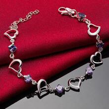 Pulsera de plata de ley 925 con corazón y circonita púrpura para mujer, joyería, regalo de compromiso, Navidad