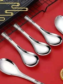 4入組不銹鋼極簡風格素色湯匙適用於廚房 - 銀色 - 查看 6