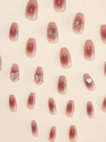 Upgrade Your Look With 24pcs Short Coffin Butterfly & Rhinestone Decor Full Cover Fake Nail Kit With Dead Skin Scraper & Jelly Glue - Multicolor - View 4