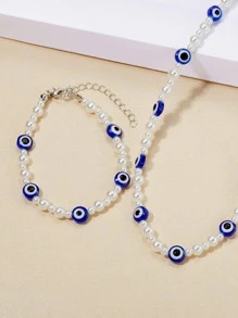 Eye Decor Faux Pearl Beaded Necklace & Bracelet - Multicolor - View 2