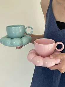 2入組素色馬克和花朵設計現代陶瓷製品馬克套裝適用於辦公室 - 粉色 - 查看 4