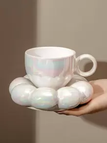 1set Solid Color 1pc Mug & Flower Design 1pc Saucer Modern Porcelain For Home, Office Back To School - White - View 3