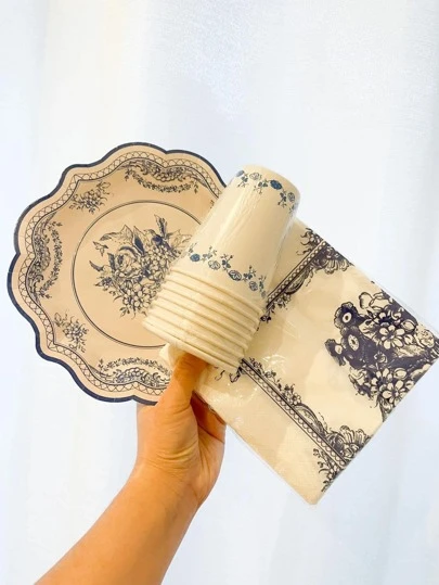 32入組花朵圖案一次性現代一次性紙盤適合派對