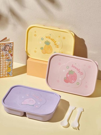 1入組飯盒帶湯匙和卡通水果圖案飯盒辦公工作學校