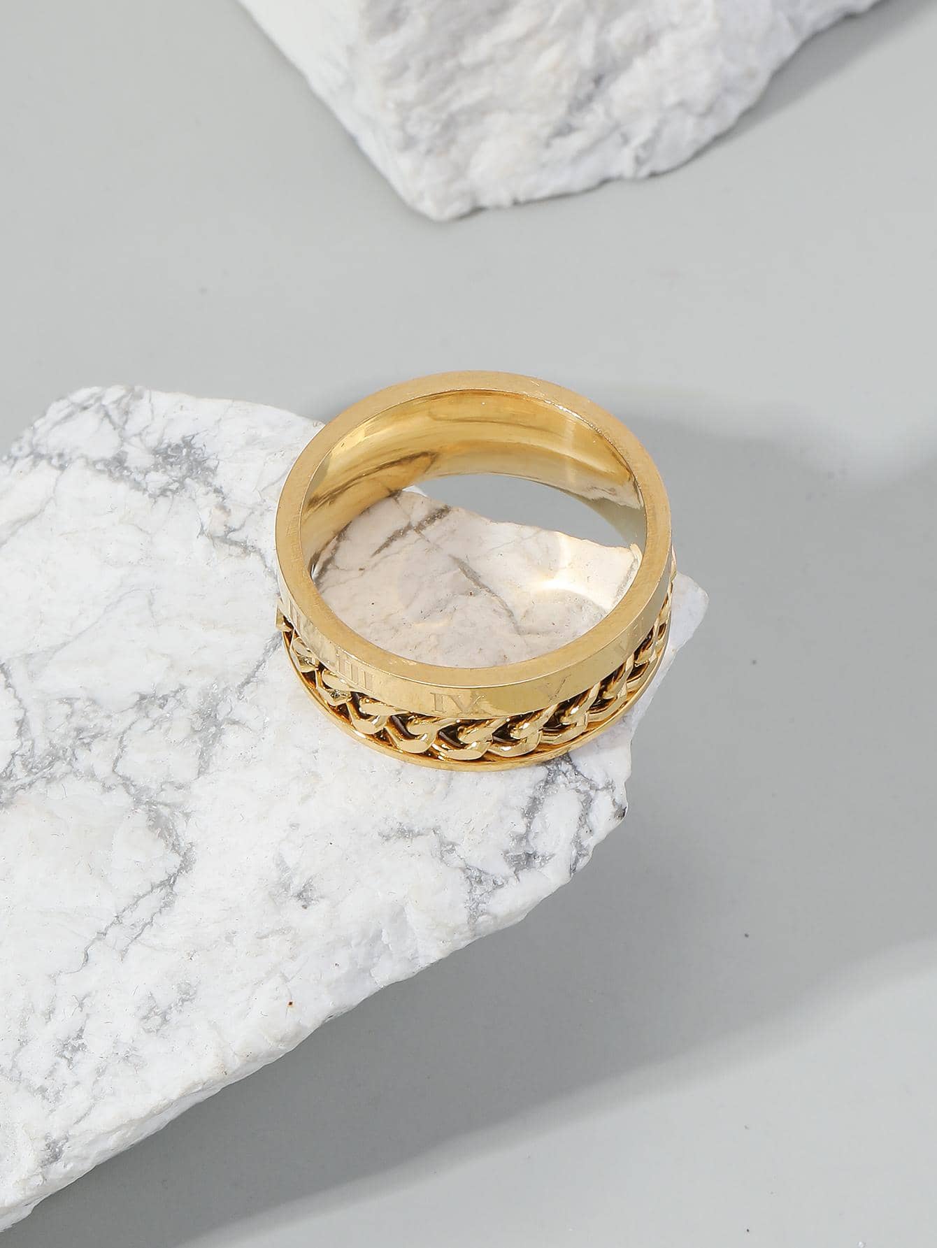 1入組時尚不銹鋼羅馬數字裝飾戒指適合男士女士日常裝飾,適用於首飾類禮品和派對 - 金色 - 查看 1