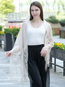 流蘇邊圍巾 - 米色 - 查看 1