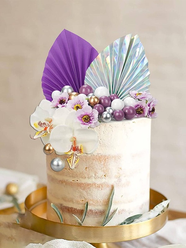 2pcs/set Paper Cake Topper, Creative Purple Fan Shaped Cake Top