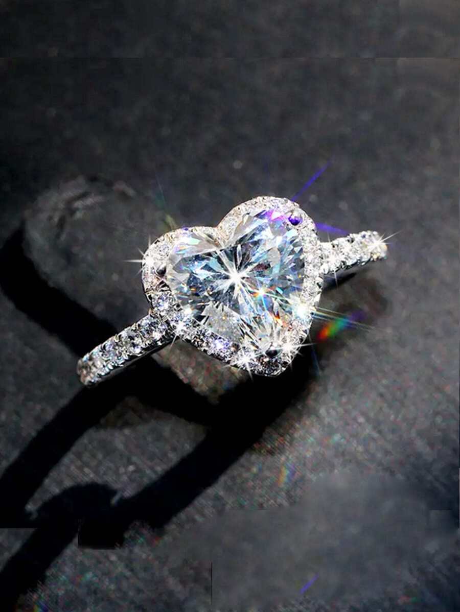 Luxury Heart-Shaped Cubic Zirconia Wedding/Engagement Ring, Exquisite Jewelry Accessory Suitable For Holidays, Valentine's Day, Mother's Day, And A Perfect Gift For Mom - White - View 1