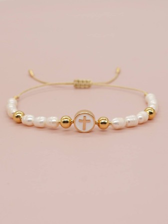1pc Fashion Faux Pearl Cross Decor String Bracelet For Women For Daily Decoration
