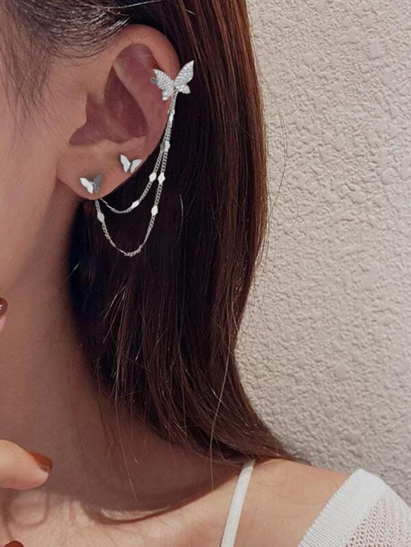 2pcs Fashionable Butterfly Zirconia Crystal Ear Cuff & Stud Earring Set (Random Rhombus Pieces)