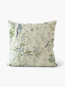 Cottagecore 1 pièce Taie d'oreiller décorative fleur & à motif d'oiseau en lin pour domicile