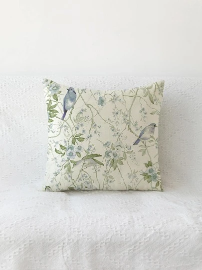 1入組花和鳥樣式Cottagecore亚麻裝飾抱枕套適用於家庭