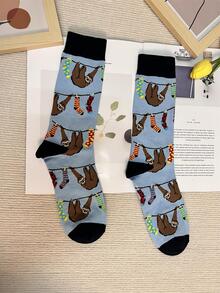 1pair Men Sloth Pattern Casual Crew Socks For Daily Life - Baby Blue - View 3